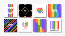 LGBT Pride Month Banners Collection. Set Of Vector Templates Square Designed With Rainbow Colors And Heart Shapes For LGBT Pride Month Illustration.