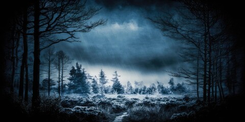 Wall Mural - Blue monochrome color haunted path in dark forest. superlative generative AI image.