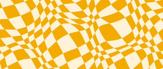 Poster - Trippy checkerboard background. Yellow retro psychedelic checkered wallpaper. Wavy groovy chessboard surface. Distorted and twisted geometric pattern. Abstract vector backdrop