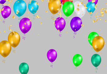 Poster - Colorful birthday balloons, pennants, tinsel and confetti on sky background with space for text. eps.10