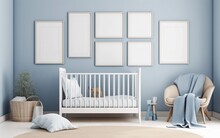 Blue Nursery Room With Seven Blank Frames Mockup On The Wall Created With Generative AI Technology