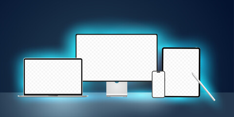 Poster - Laptop Computer, Mobile Phone and Tablet PC Mock up with a blank screen and a desk in a dark room with blue lighting. Realistic high-detailed technology devices set. Vector illustration.