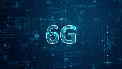 Poster - Motion graphic of Blue digital 6G letter logo and futuristic circle HUD with big data processed on grid line background and technology ai icon screen abstract background next generation concepts