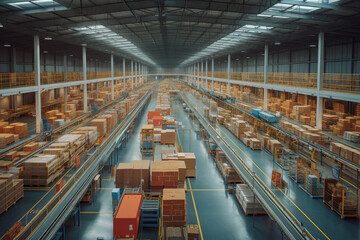 Wall Mural - Rows of shelves with goods boxes in modern industry warehouse store at factory warehouse storage