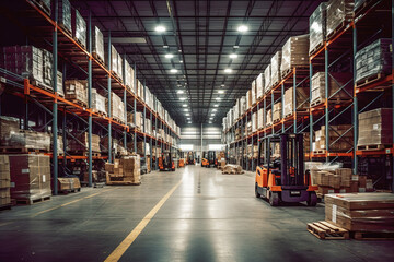 Wall Mural - Rows of shelves with goods boxes in modern industry warehouse store at factory warehouse storage