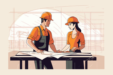 Architect and engineer working on construction site. Engineering, building, engineering, architecture, teamwork concept. Vector illustration in cartoon style