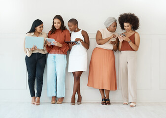 Poster - Business woman, team and networking in waiting room for collaboration, hiring or recruiting at office. Creative women in hire, recruitment or job search with multimedia technology in row for startup