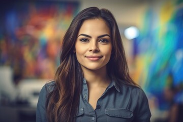 Young smart hispanic businesswoman, smiling face, standing in blur background of creative colorful office interior design. Generative AI AIG20.