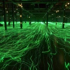 Green lights all over the floor of a warehouse 