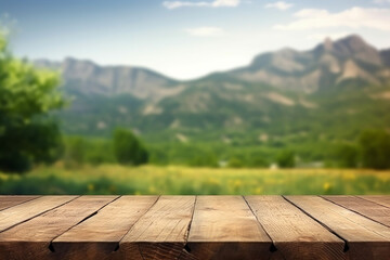 Empty wood table in front of green mountain and blue sky at summer blurred background concept image for product Generative AI	