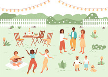 People Gathering In Backyard. Neighborhood Party, Friends And Family Holiday Meeting. Women Dancing, Children Talking, Man Playing Guitar. Weekend In Cozy Garden. Vector Summer Illustration.
