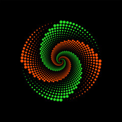 Wall Mural - Orange and green dotted spiral vortex circle logo symbol. Circular swirl pattern dots backdrop vector.