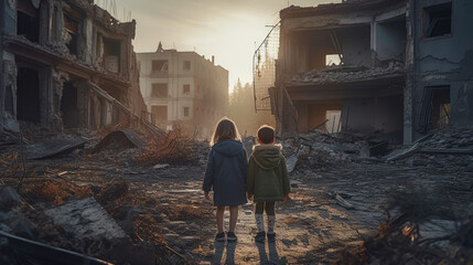 Two little children, boy and girl, standing in front of destroyed house