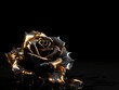 A golden black rose on a dark black copy space background. Abstract black rose petals blend with gold. Generative AI