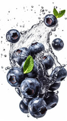 Poster - Macro shot of a bunch of ideal fresh blueberry falling down, juicy splashes, isolated on a white background, photorealism, food photography