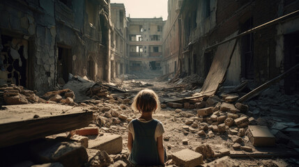 Wall Mural - A little girl sits in the ruins of an abandoned building