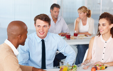 Wall Mural - Business, staff and team on lunch, conversation and relax with happiness, collaboration and partnership. Group, men and women on a break, discussion and communication with food, planning and eating