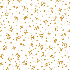 Wall Mural - Golden zodiac signs, horoscope symbols seamless pattern on white background. Texture for wallpaper, fabric, wrapping paper, web page design template vector illustration