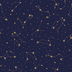 Wall Mural - Golden zodiac signs seamless pattern, astrological symbols repeating print. Astronomy, astrology, horoscope signs, constellations of bright stars on night sky background vector illustration