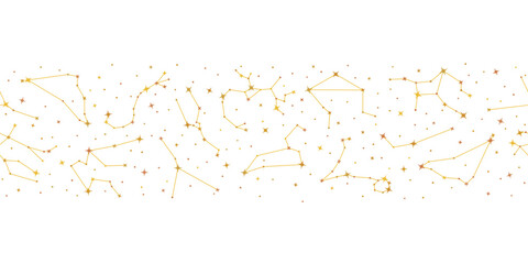 Wall Mural - Twelve golden zodiac constellations and shiny stars, trendy astrology seamless pattern. Constellations of stars repeating print for packaging, cover, wrapping paper horizontal vector illustration
