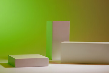 Scene for advertising cosmetic, product display with white geometric podiums arranged on gradient green background. Blank space to place your design