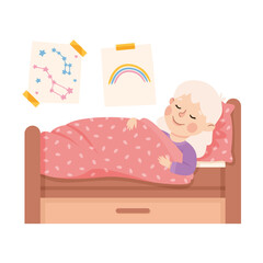 Wall Mural - Little Girl Sleeping in Her Bed Under Blanket Having Night Rest Vector Illustration