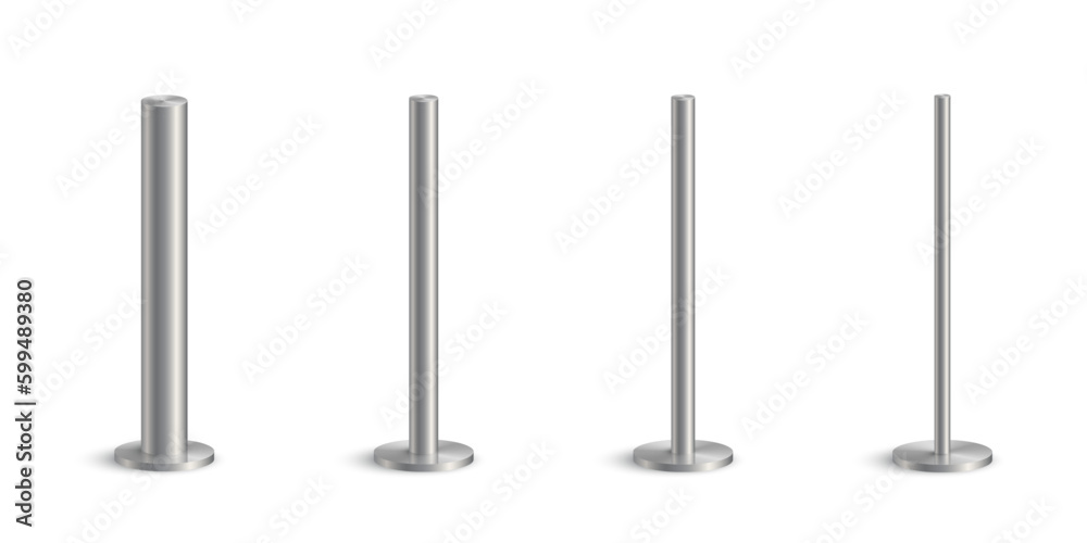 Metal Sign Posts. 3d 3d metal pole signpost on base vector illustrations set. Realistic grey ...
