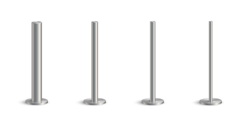 3d metal pole signpost on base vector illustrations set. Realistic grey steel, iron or chrome pillars with polished surface, vertical different diameter cylinder pipe holders for board or flag