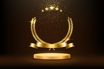 gold award round podium with laurel wreath, ribbon, star, shiny glitter and sparkles isolated on dar