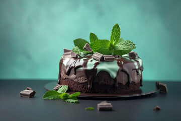 Chocolate mint cream cake with chocolate pieces and mint leaves. Generative AI