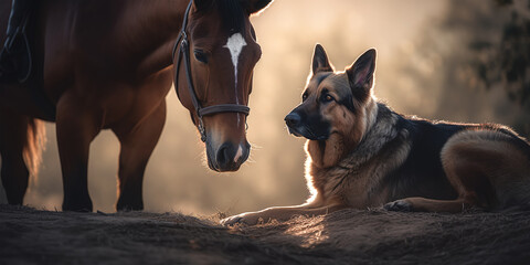 Cute friendship of shepherd dog and horse on a rancho.Pets friendship concept. Dogs. Generative ai.