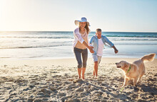 Having So Much Fun In The Sun. A Mature Couple Spending The Day At The Beach With Their Dog.