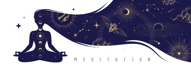 silhouette of meditating woman with outer space inside long hair. magic witchcraft astrology backgro