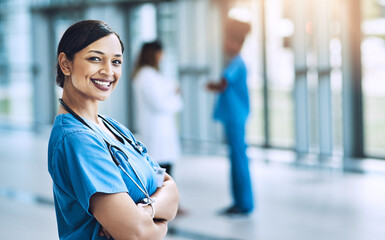 Poster - Theres no better job than saving lives. a female nurse standing in a hospital.