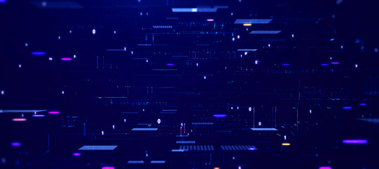 Poster - Digital information technology concept. Cybersecurity and protection system from online crime threats. Data Analytics or Data Science. Binary code on dark blue background.