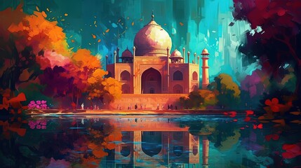 illustration of dome masjid with beautiful nature landscape, Generative Ai