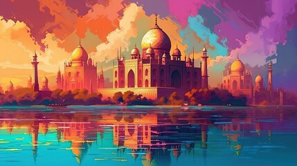 illustration of dome masjid with beautiful nature landscape, Generative Ai