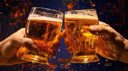 two hands holding beer mugs and toasting, with splashes of liquid 