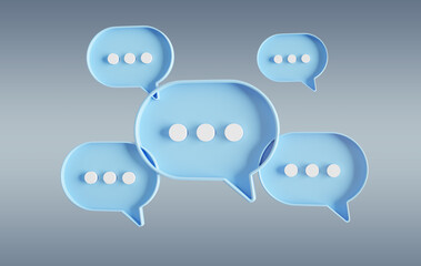 Wall Mural - Minimalist blue and white speech bubbles talk icons floating over grey background. Modern conversation or social media messages with shadow. 3D rendering