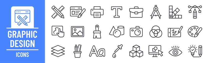 Graphic Design icon set. Containing creativity, draw, web design, illustration, portfolio, website, art, paint, print and more. Line icons template vector collection.