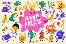 Vector Illustration Set Of Fruits Characters ?n Retro Style. Groovy Colorful Stickers For Print
