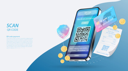 Scan Qr code verification service page, machine-readable barcode on smartphone screen. Mobile app for internet business, information, online payment 3d vector web banner