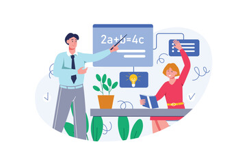 Aufkleber - Back to school color concept with people scene in the flat cartoon style. Girl returned to math class after a long vacation. Vector illustration.