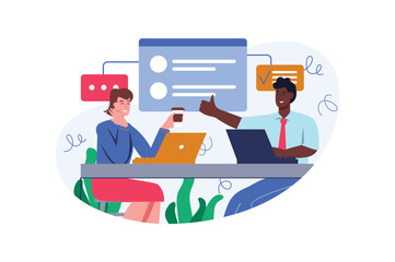 Poster - Teamwork color concept with people scene in the flat cartoon design. Business people work together to achieve the best results. Vector illustration.