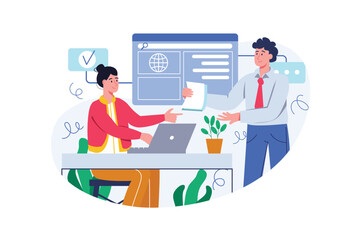 Aufkleber - Internet news color concept with people scene in the flat cartoon style. Journalist gives the TV presenter a list of news that needs to be told. Vector illustration.