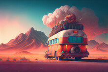 Post Apocalyptic Desert Painting. Dramatic Sunset Atmosphere With Sand Mountains And Bus. Concept Art Illustration