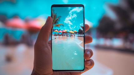 Hand golding phone up, showing a pictoral beach, sea. Beautiful template with hand golding phone up on blue background. Water wave.