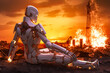Pensive Humanoid Robot Against Destroyed Earth in Fire. AI generative. Apocalypse Concept.
