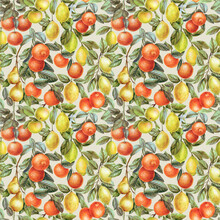 Lemon And Orange. Vintage Background, Hand Drawn Watercolor Painting. Fruits Seamless Pattern. Summer Tropical Wallpaper