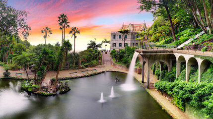 Monte Tropical Gardens with waterfall to lake, Funchal, Madeira island, Portugal